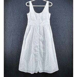 J.Crew White Eyelet Button Front Midi Dress Smocked Back Pockets Sz 6 Cotton